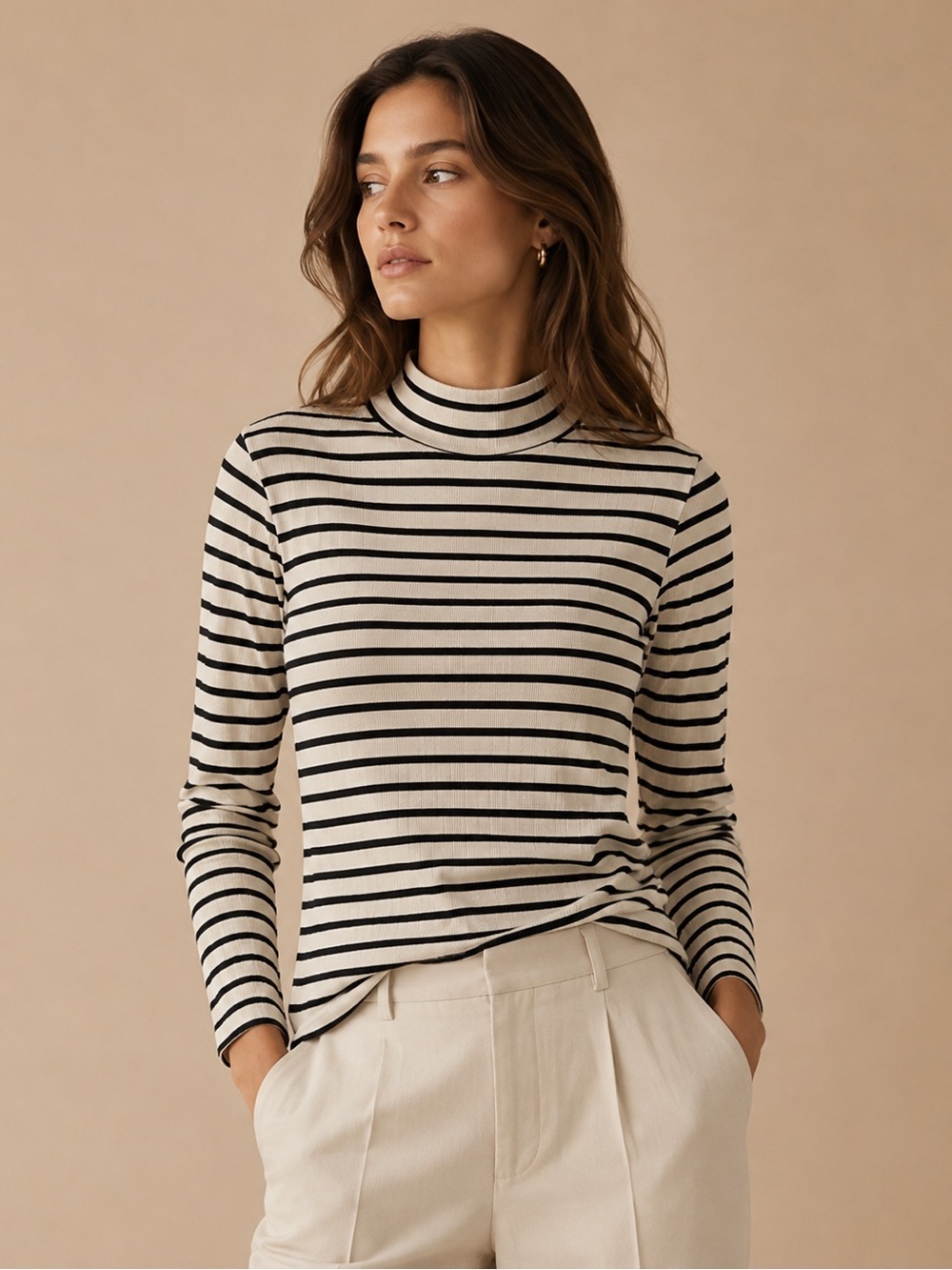 Free People Striped Ribbed Mock Neck Long Sleeve Top Size L